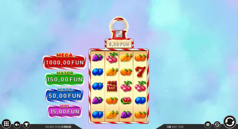 Sweet Candy Cash Stash - skrin permainan dengan gelendong dan butang kawalan